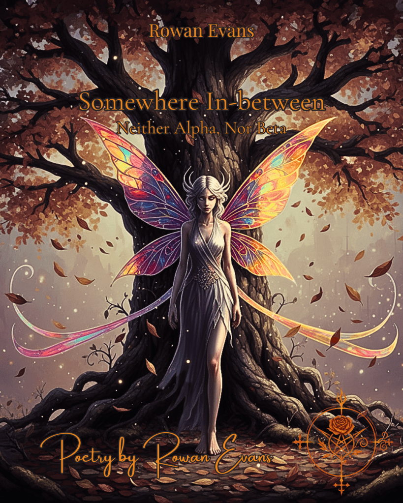 Non-binary fairy standing under an autumn tree, surrounded by falling leaves, half in shadow and half in soft pastel light, representing isolation and self-reflection.