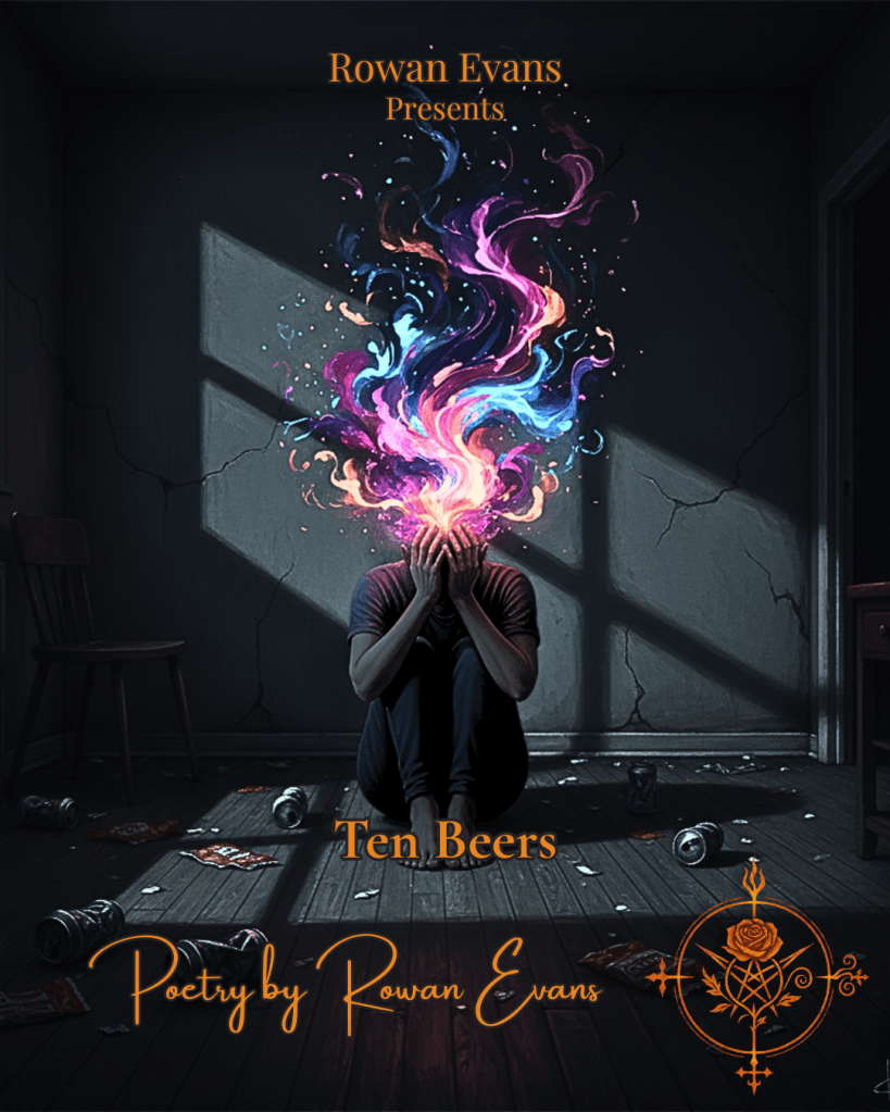 “Person overwhelmed by thoughts, surrounded by empty beer cans and abstract swirls of color.”