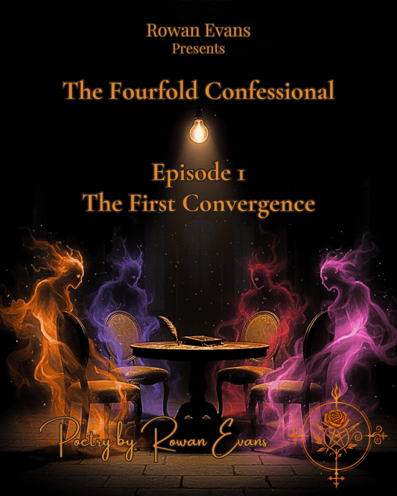 A flickering light above a table with four empty chairs, symbolizing the gathering of the Fourfold Flame.