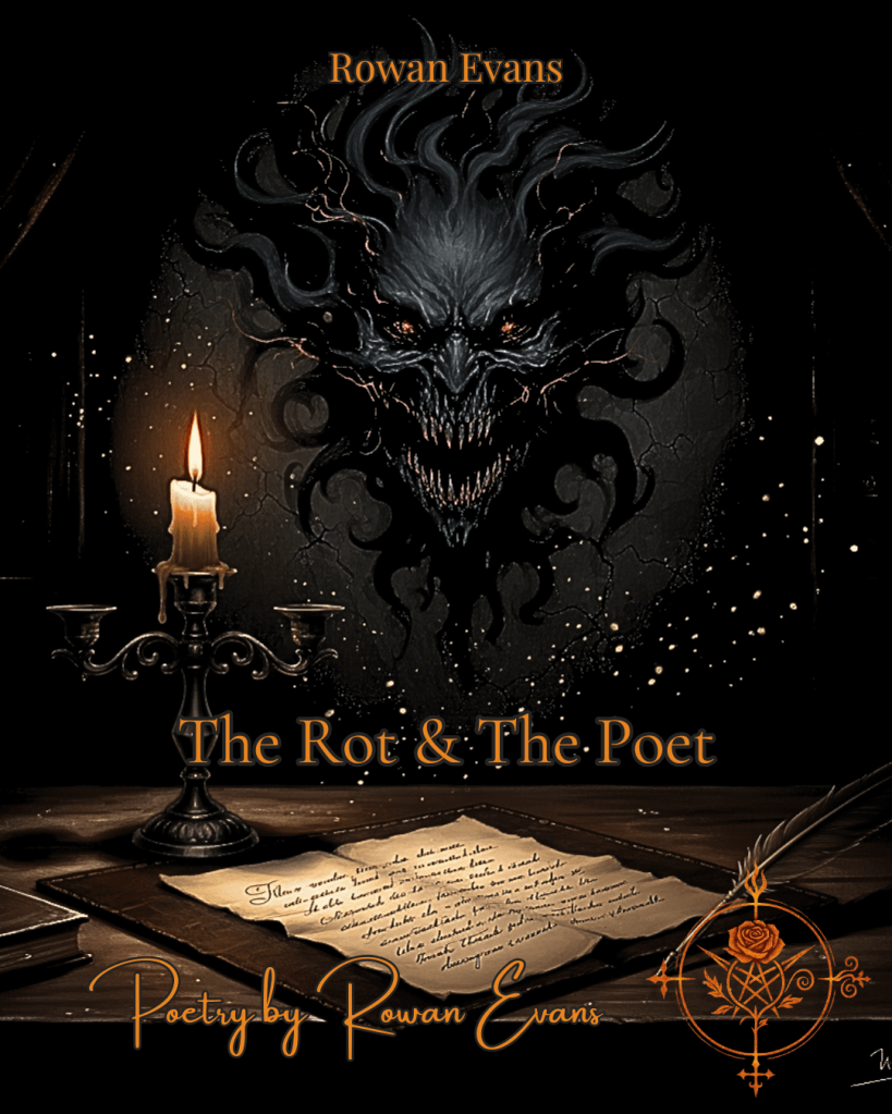 A candlelit gothic desk with a notebook and shadows forming the shape of a face behind the poet, symbolizing inner conflict.