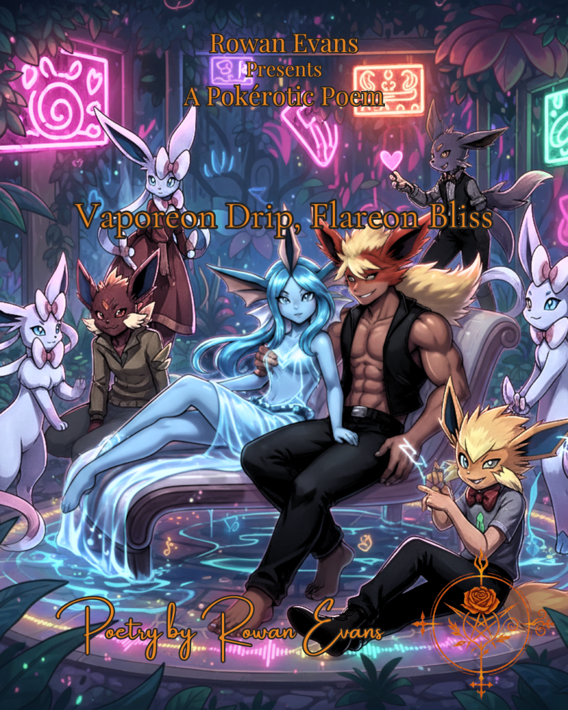 Digital illustration of romantic and stylized Pokémon characters in a dreamy, neon-lit setting with playful, flirtatious energy.