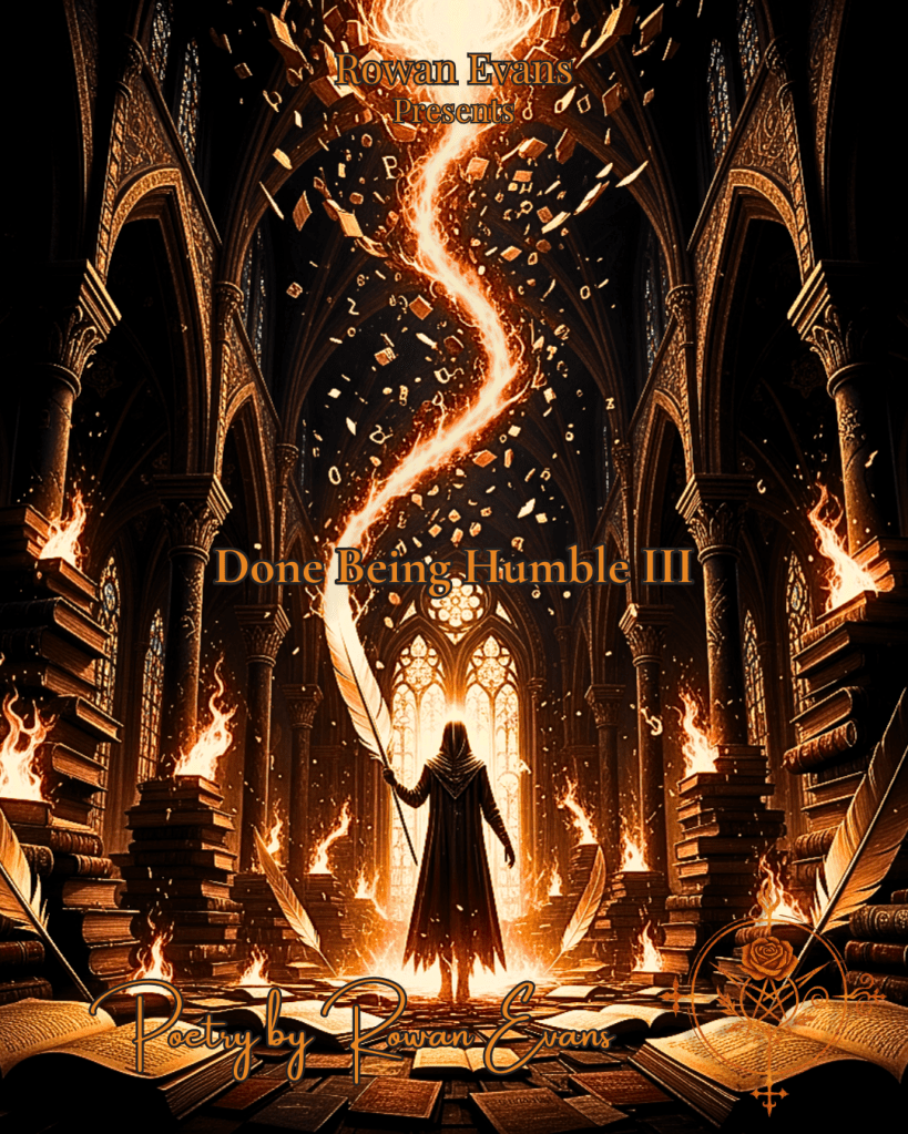 A luminous figure in a gothic cathedral of books and quills, bathed in warm flames, representing bold, rebellious poetry.