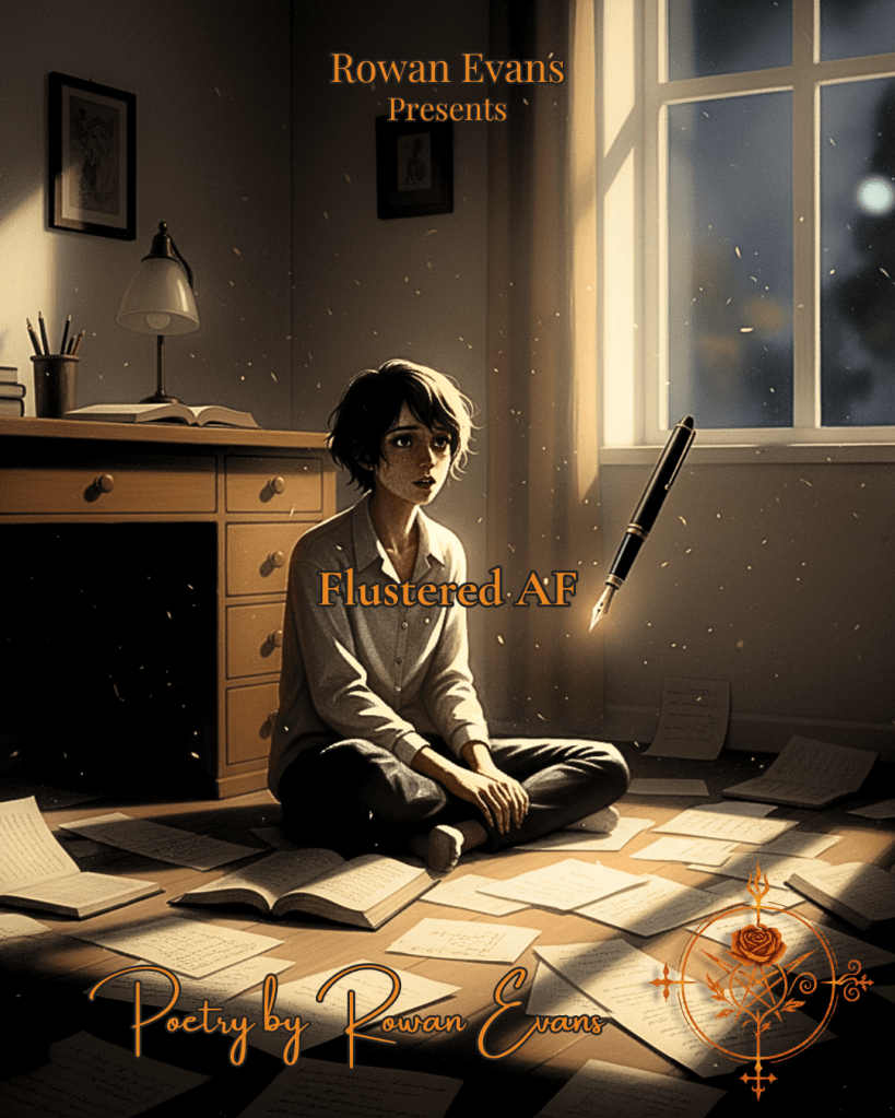 A person sitting in a softly lit room, papers and pen scattered, captured in a moment of quiet, flustered reflection.