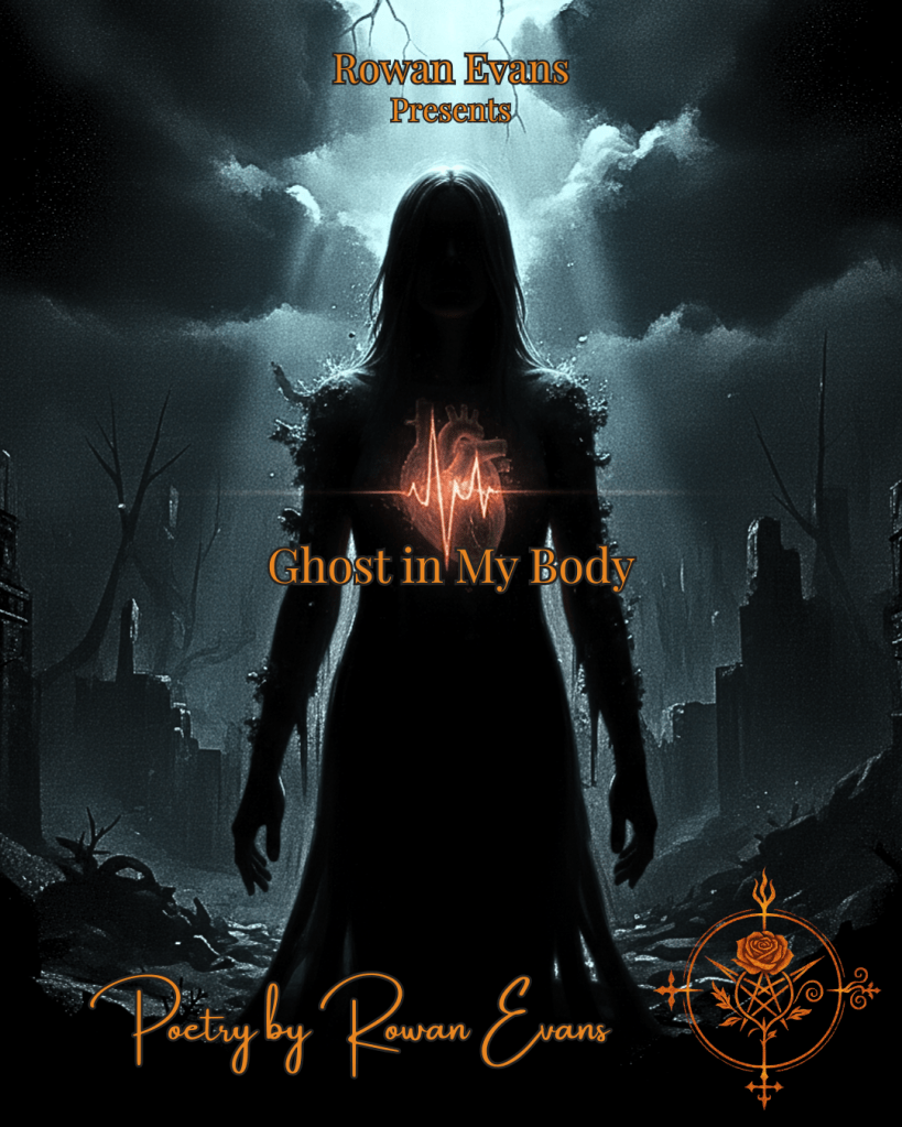 Ghostly figure with glowing heartbeat, representing emotional struggle and resilience, emerging from darkness.