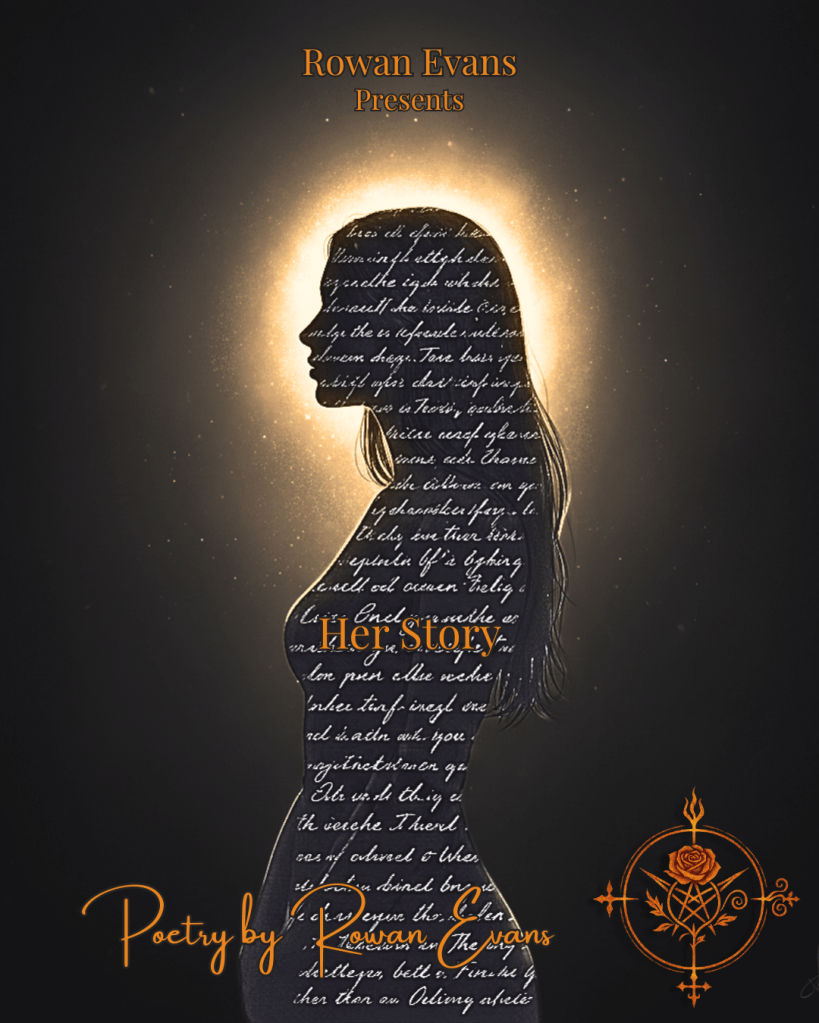 Illustration of a woman in profile with handwritten text layered inside her silhouette and a warm halo of light behind her, representing her past and resilience.