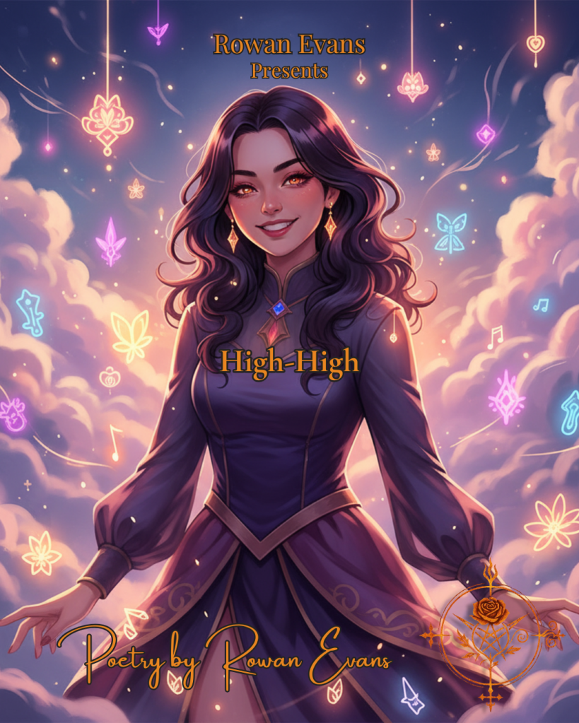 Woman with glowing aura and radiant smile, surrounded by dreamlike neon lights and clouds—evoking a sense of joy, devotion, and playful energy.