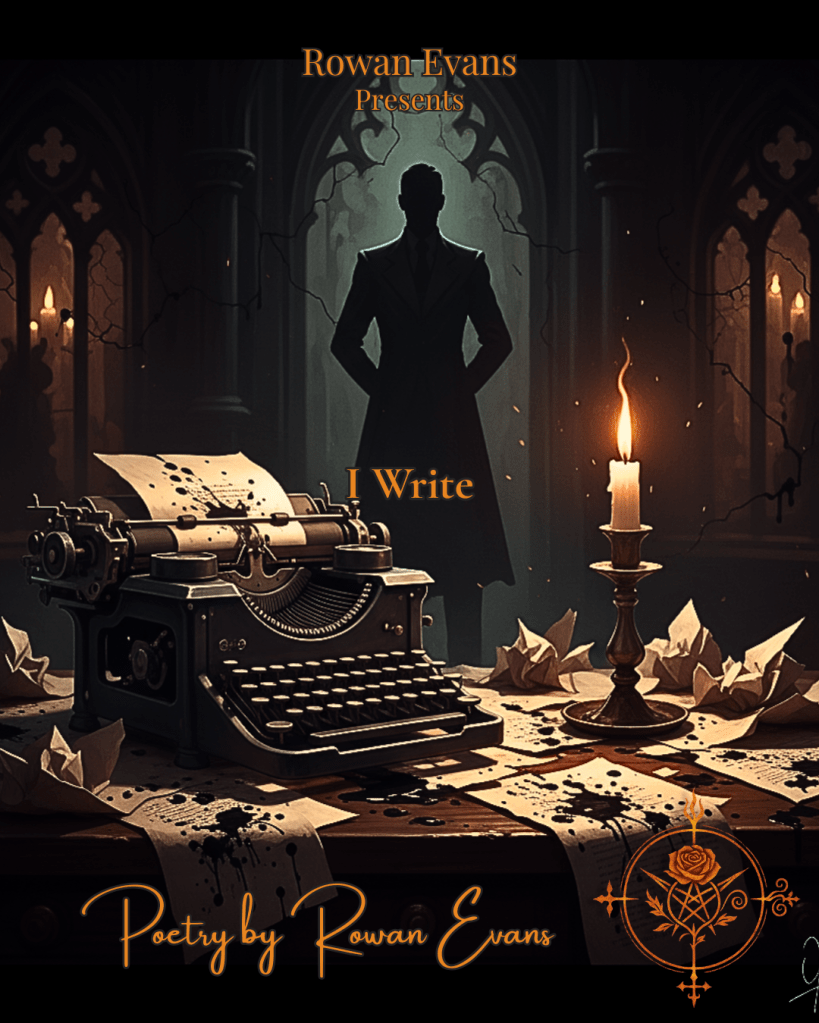 Typewriter with scattered pages and ink splatters under candlelight, shadowy figure in the background symbolizing bold poetic creation.