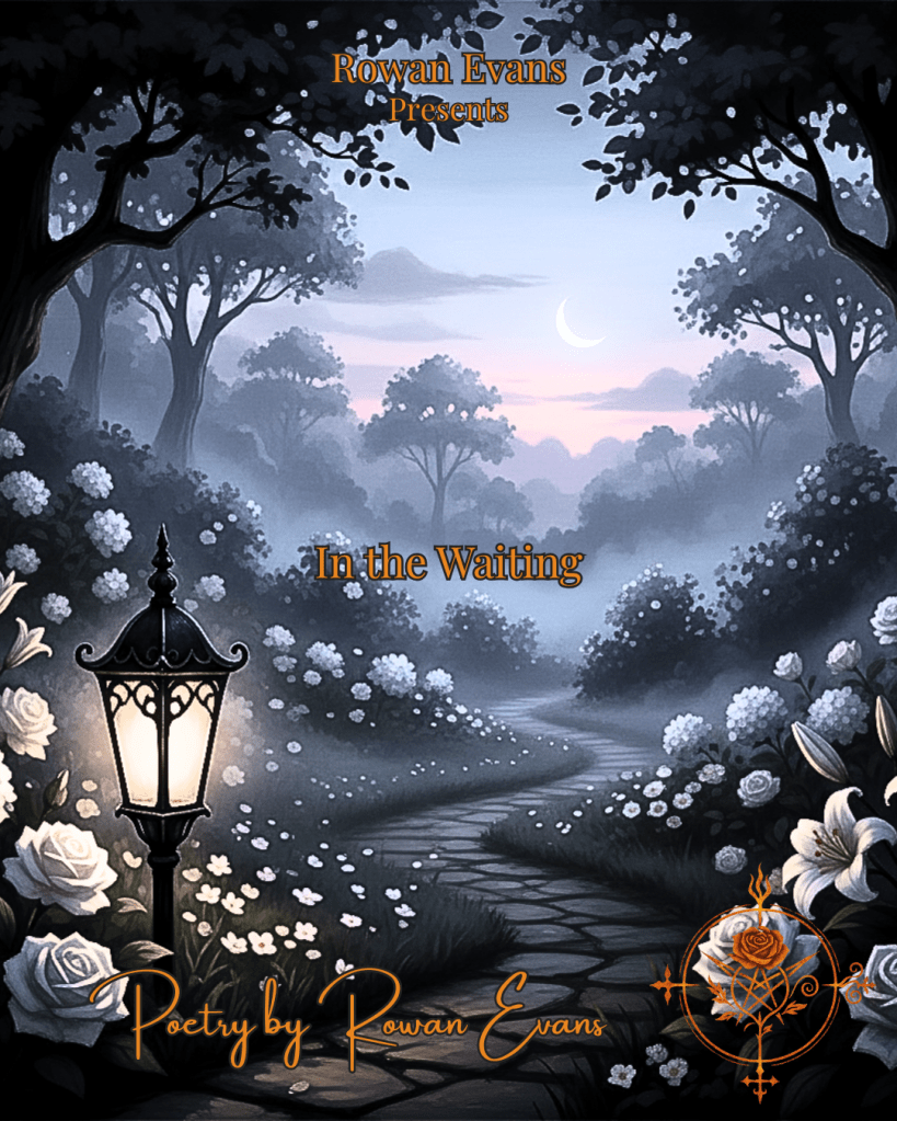 A twilight garden with a softly glowing lantern beside a stone path, symbolizing patient and steady love.