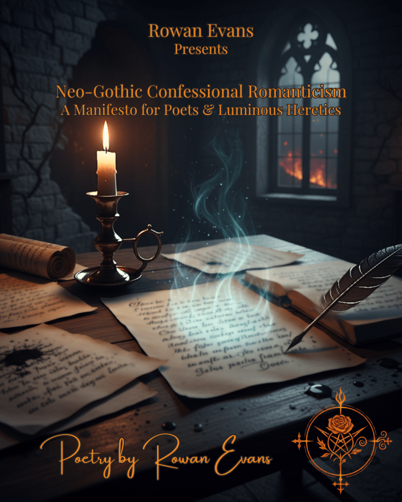 Gothic candlelit room with scattered parchment and a quill, casting shadows on crumbling walls, symbolizing Neo-Gothic Confessional Romanticism.