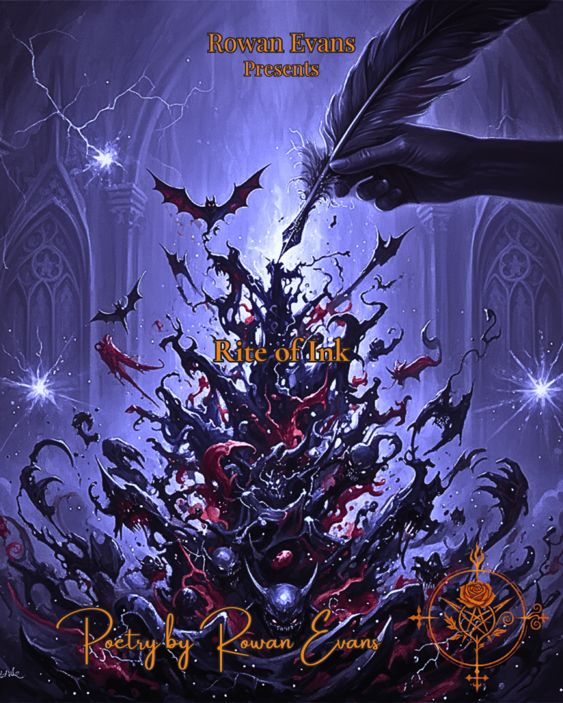 Digital artwork of ink spilling from a quill, forming shadowy, magical shapes with purple, crimson, and blue tones, conveying chaos and mystical energy.