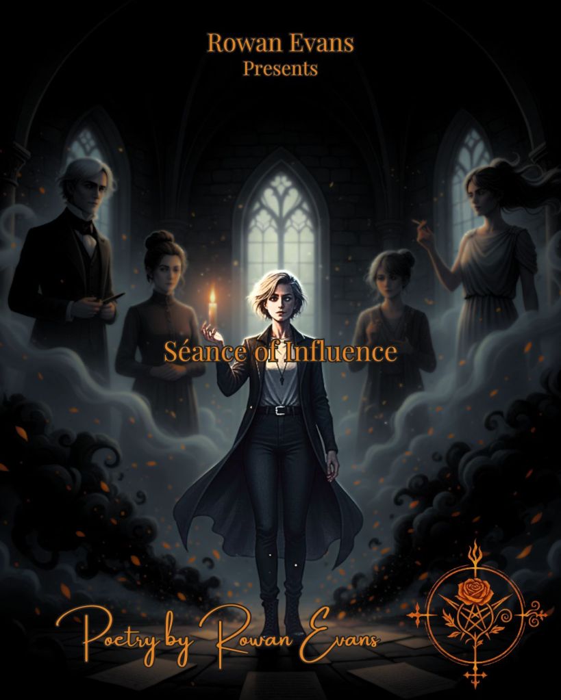 Candlelit gothic scene of a poet performing a séance, surrounded by ethereal silhouettes of Plath, Poe, Dickinson, Sexton, and Sappho in a dark, atmospheric room.