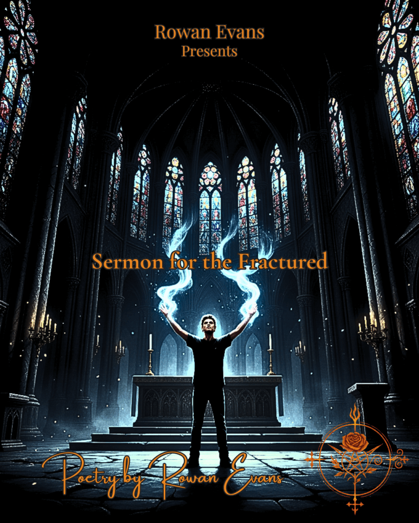 A lone figure stands in a dimly lit gothic cathedral, bathed in colored light from stained glass, representing resilience and sacred rebellion.