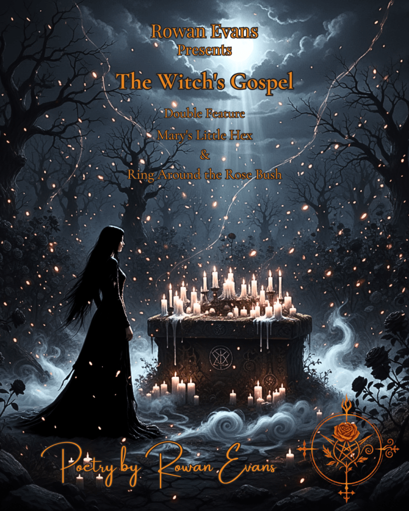 A gothic garden at midnight with black roses and candles, a lone female figure standing near a stone altar, mist and embers swirling around.
