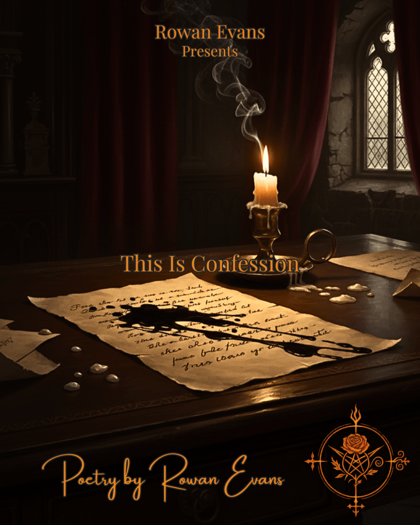 A candlelit scene with an ink-covered page and spilled black ink, evoking a gothic, intimate confession.