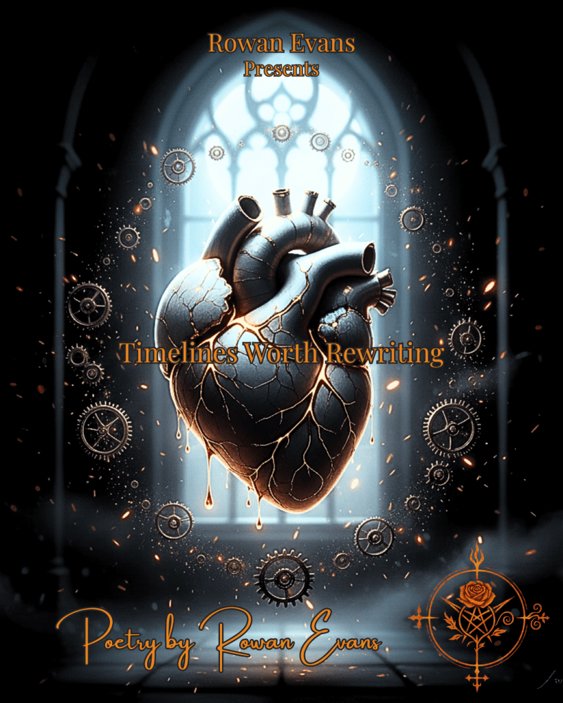 Kintsugi-repaired heart glowing under moonlight with floating clock fragments and falling embers in a soft gothic atmosphere.