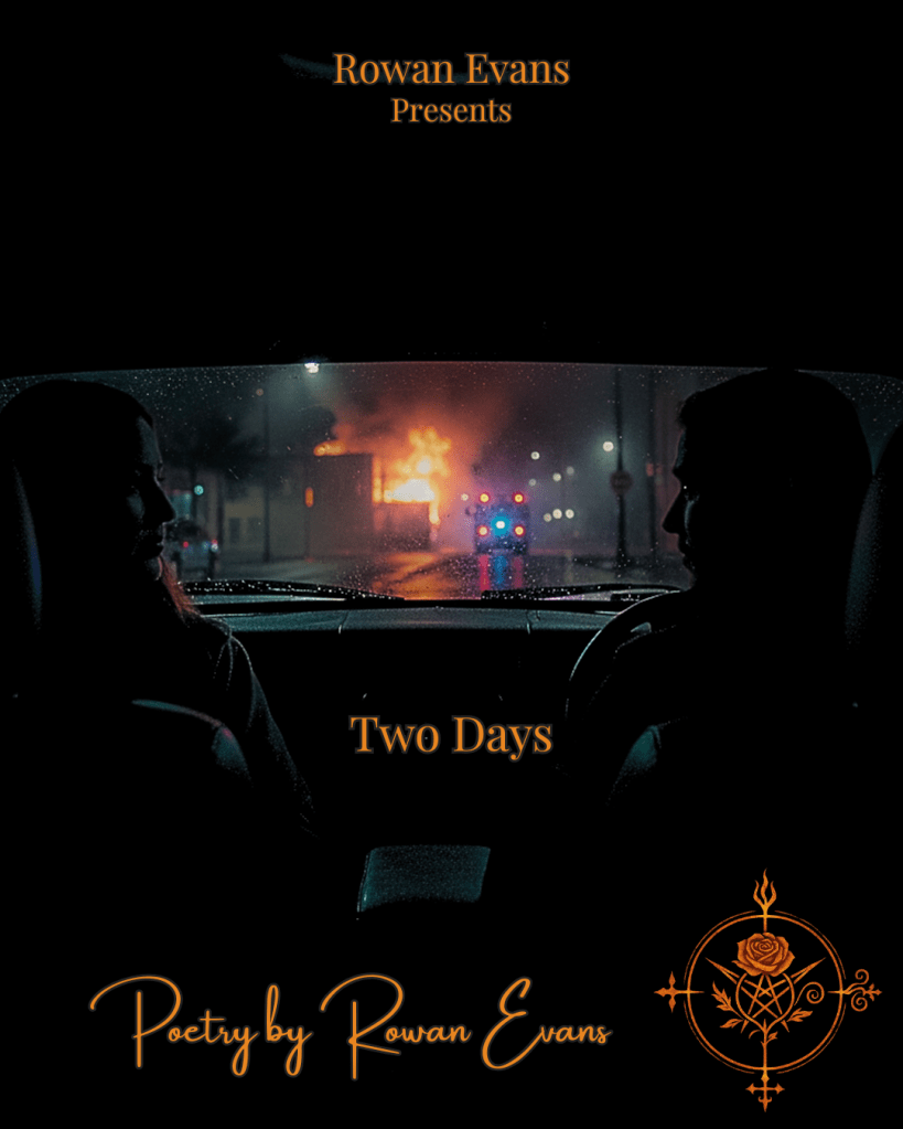 Two people sitting in a car at night, watching firefighters at a nearby apartment with smoke and emergency lights surrounding the scene.