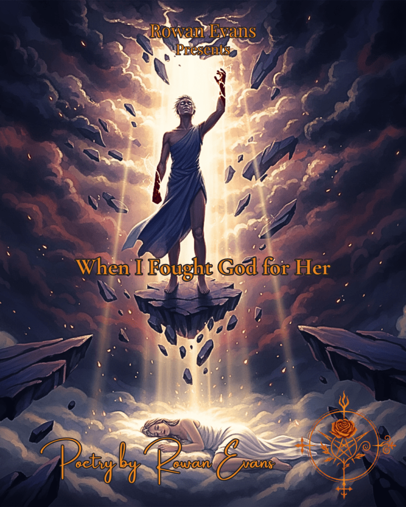 A celestial battlefield where a poet stands victorious in the name of love, light falling gently on the one she fought for.