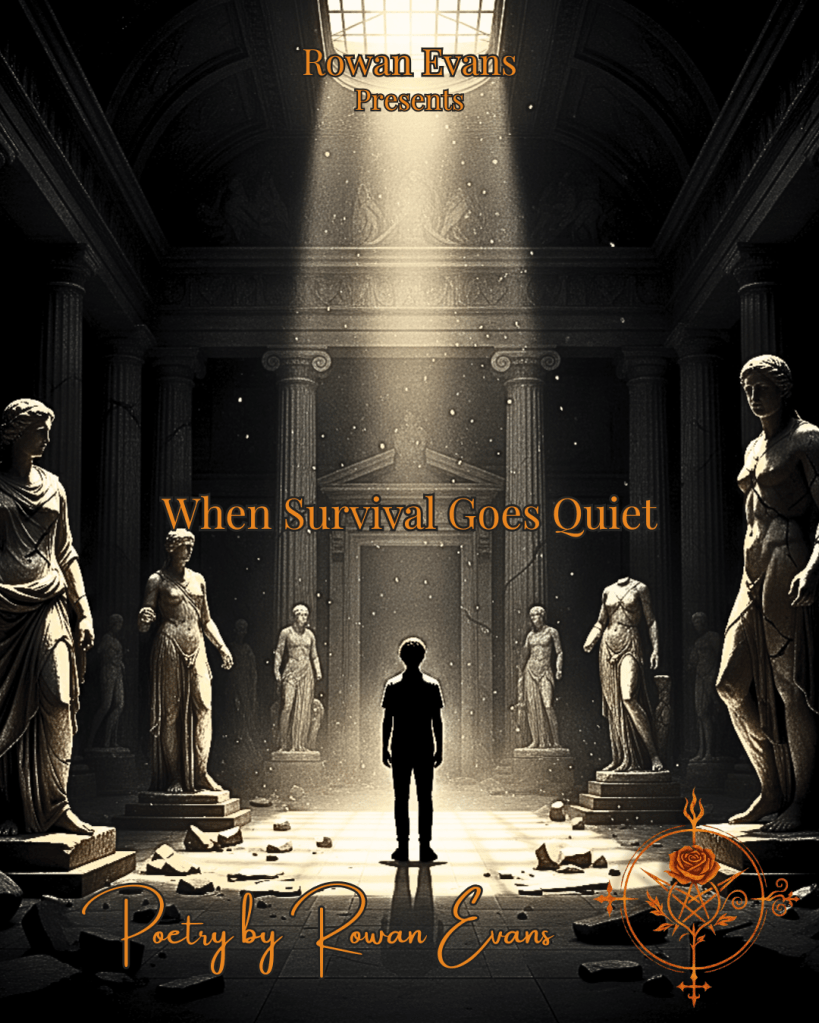 A solitary figure in a dim, gothic museum surrounded by cracked statues, symbolizing healing after emotional collapse.