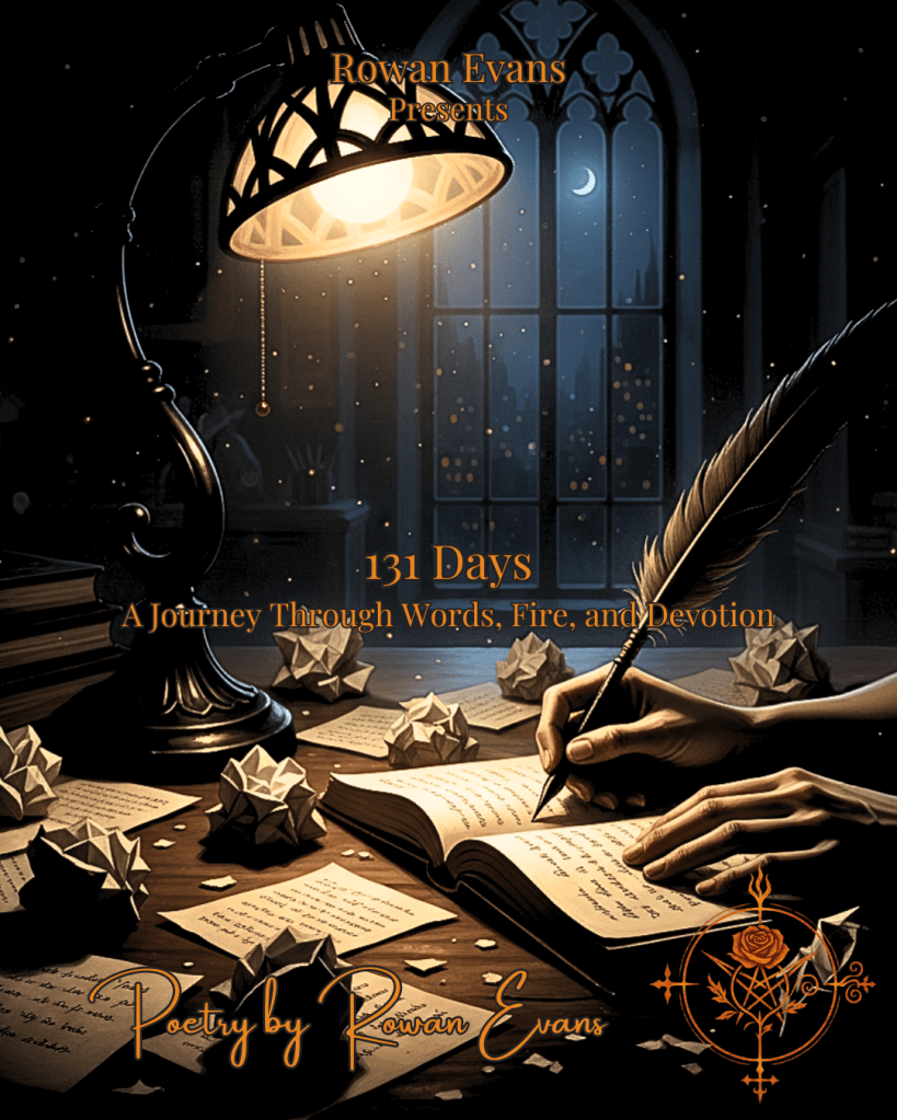 A writer’s hands holding a pen over scattered pages of poetry, lit by a warm lamp, evoking quiet inspiration and devotion.