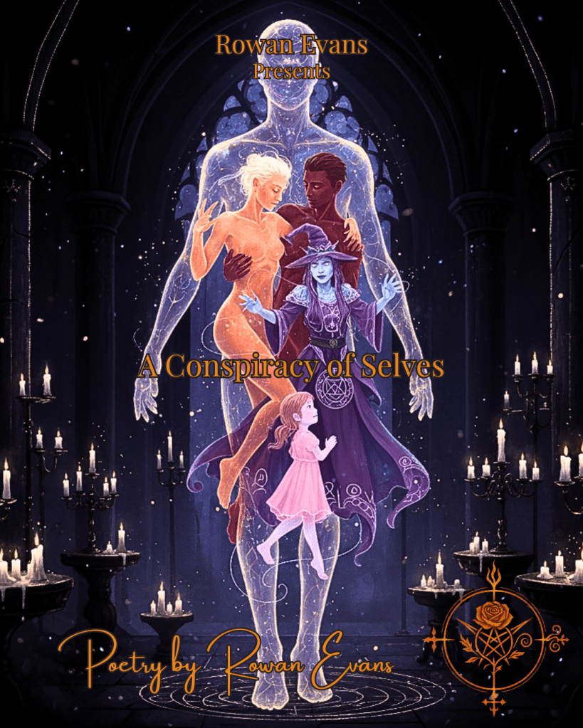 Four ethereal figures intertwine inside a translucent human silhouette, representing multiple selves. Candlelight and shadows enhance the Gothic, mystical atmosphere.