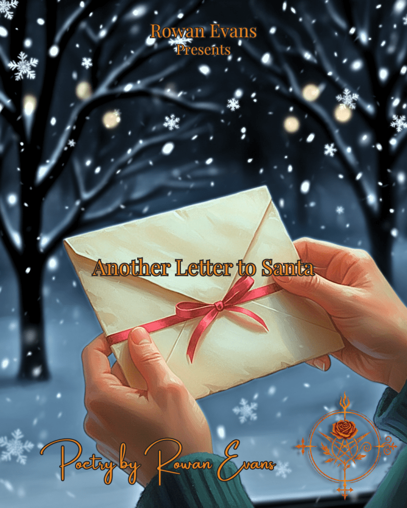 “Hands holding a ribbon-tied Christmas letter with soft snow in the background.”