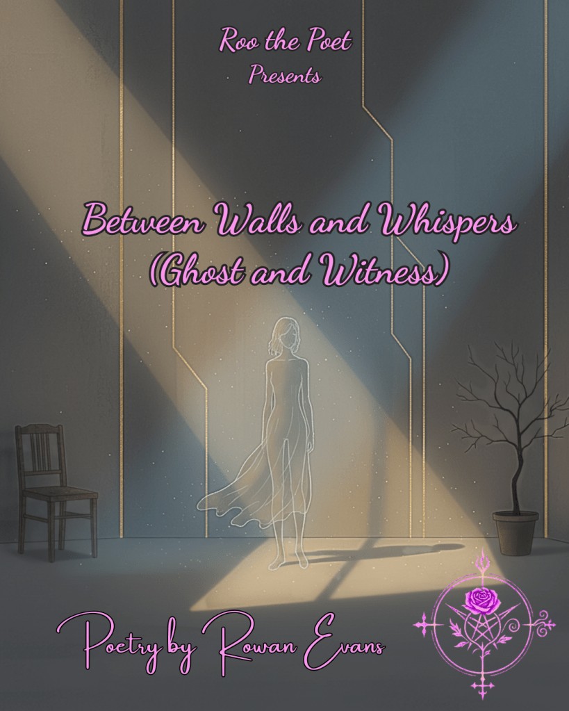 Ethereal figure standing in a dim room, light streaming through cracks, evoking quiet and introspection.