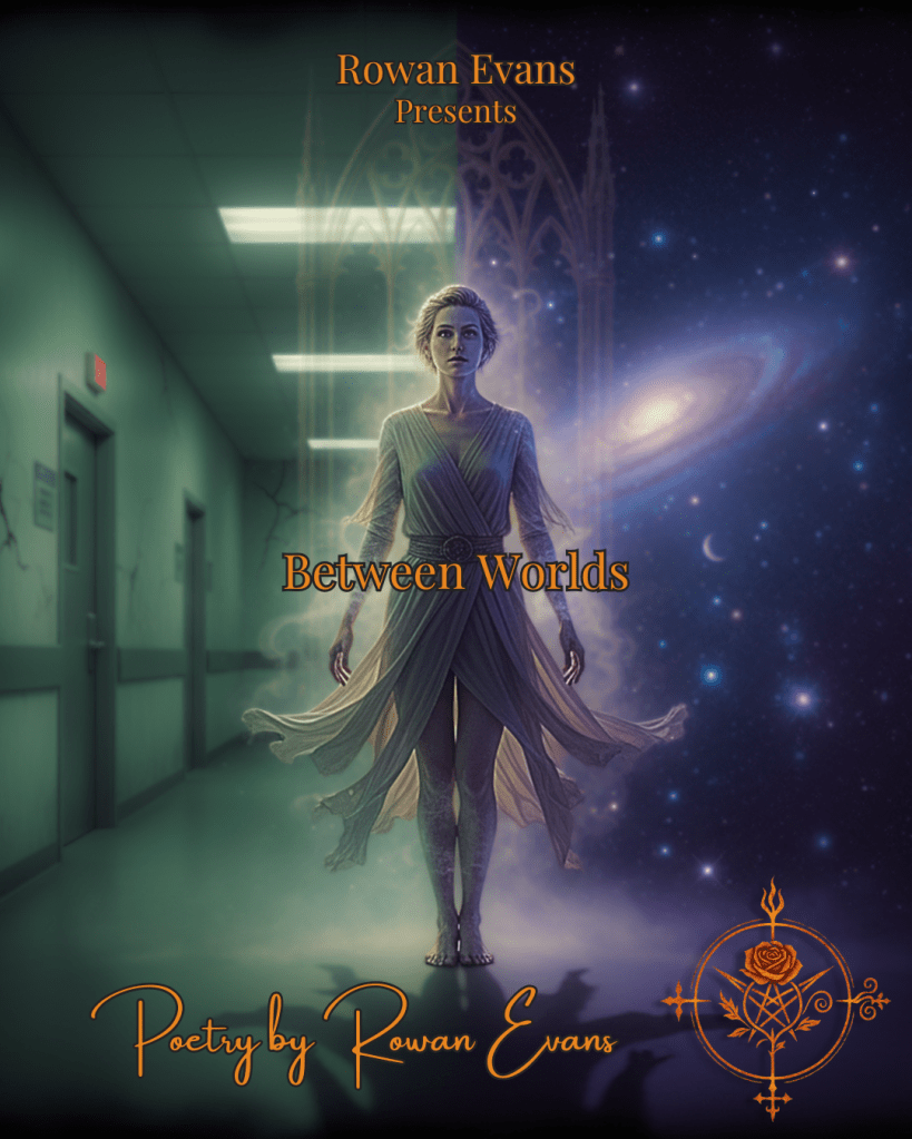 Nonbinary person standing between a hospital hallway and a star-filled night sky, symbolizing dissociation and identity between worlds.