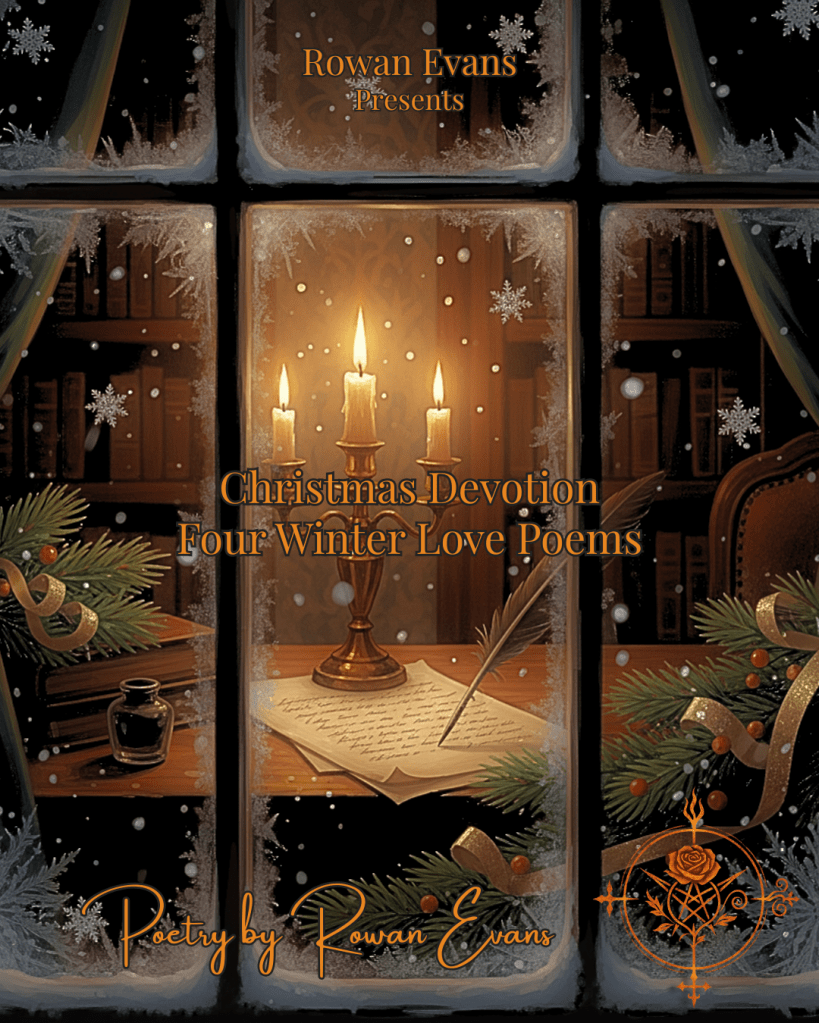 “Gothic winter scene with candlelight, falling snow, and a handwritten letter beside an ink quill.”