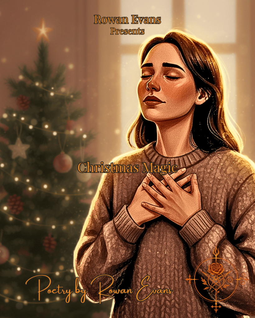 “A figure in warm light touching their chest near a softly glowing Christmas tree.”