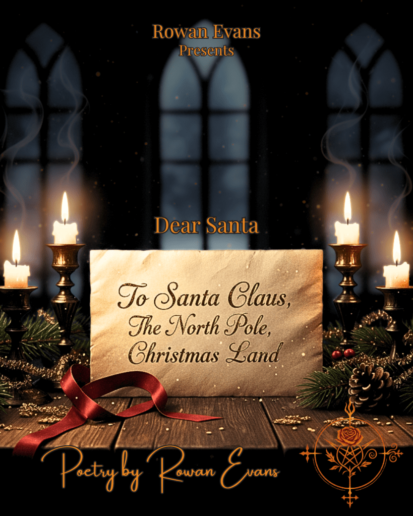 “A handwritten letter to Santa resting near candlelight and evergreen sprigs.”