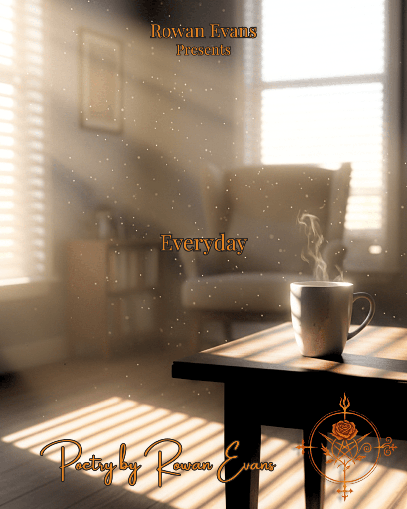 A warm morning scene with sunlight filtering through half-open blinds, illuminating a cup of coffee and creating soft golden light in a quiet room.