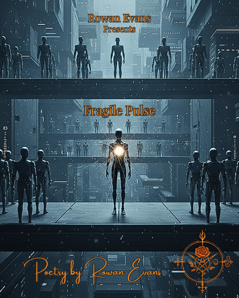 Illustration of a single glowing human figure surrounded by robotic, mechanical figures moving in a cold, dystopian cityscape.