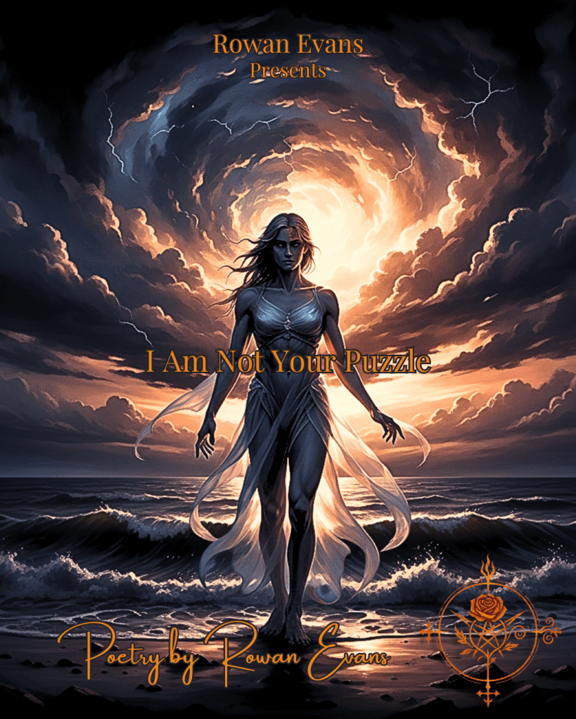 Ethereal figure at stormy ocean edge, blending masculine and feminine features, half in sunlight, half in shadow, representing paradox and self-identity.