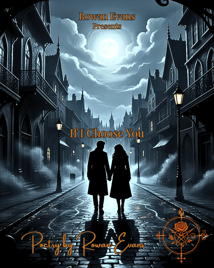 Two silhouetted figures walking side by side under a moonlit, rain-kissed street, evoking intimacy and gothic romantic dreamscape.