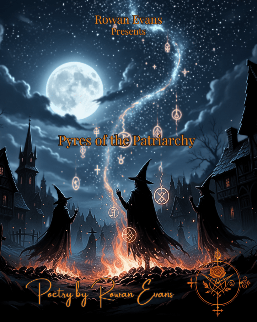 Illustration of witches rising from burning pyres under a moonlit sky, symbolizing feminist rebellion and sacred fire.