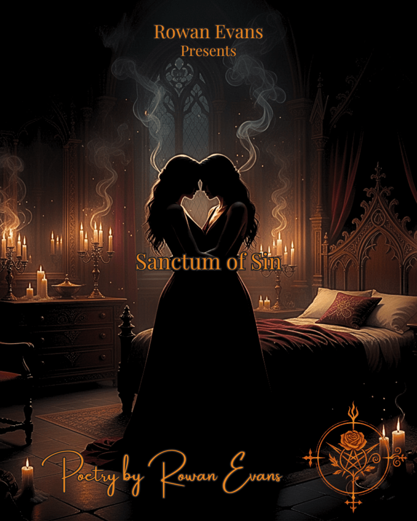 Gothic bedroom with candlelight and shadows, silhouettes of two figures embracing, evoking intimacy and ritualistic devotion.