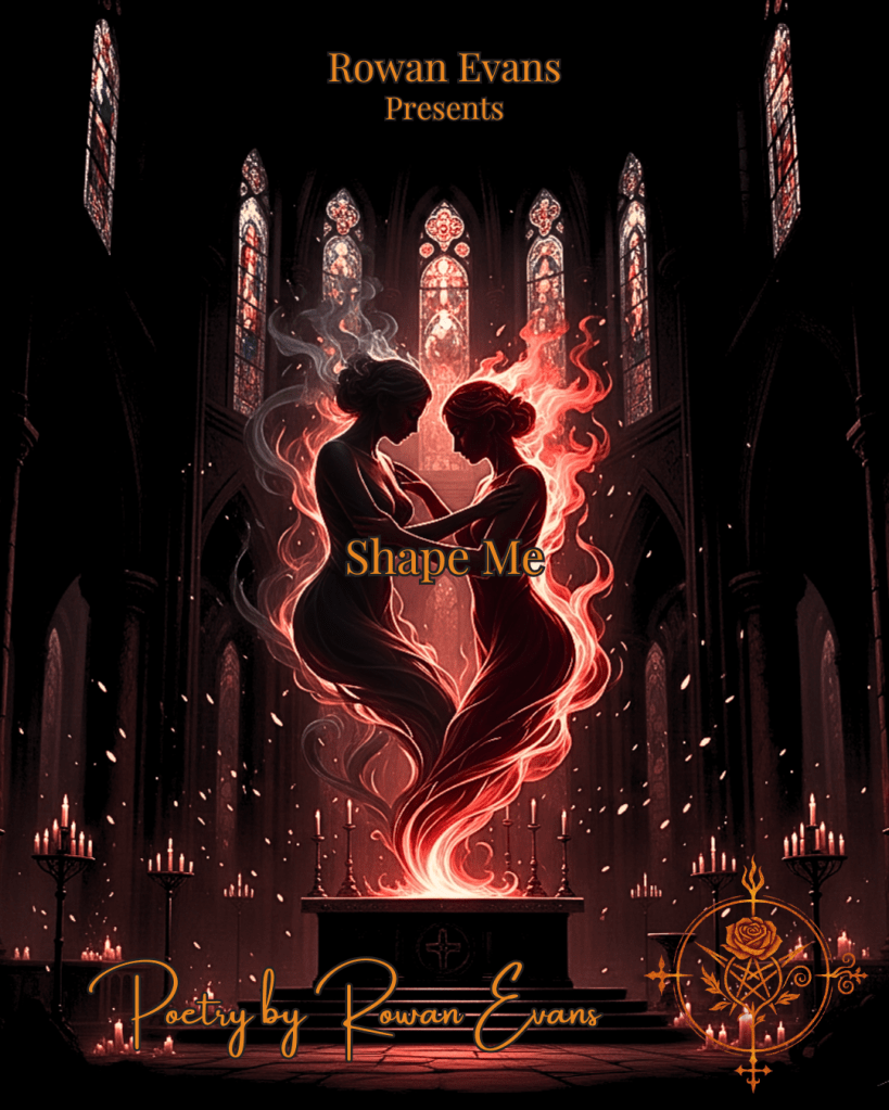 “Gothic silhouettes intertwined in fire and smoke, one shaping the other in a scene of sacred intimacy and devotion.”