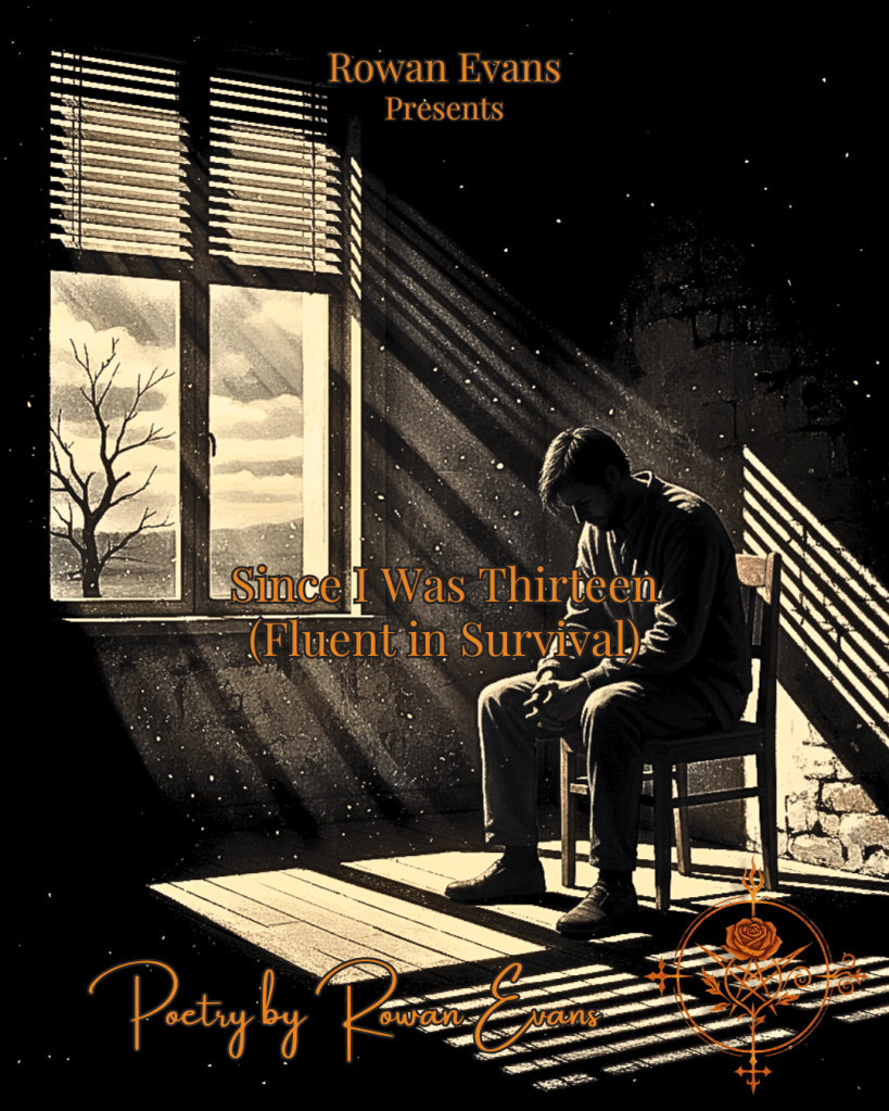 A shadowed figure in a dimly lit room, reflecting in solitude, surrounded by deep shadows and soft light, evoking introspection and survival.