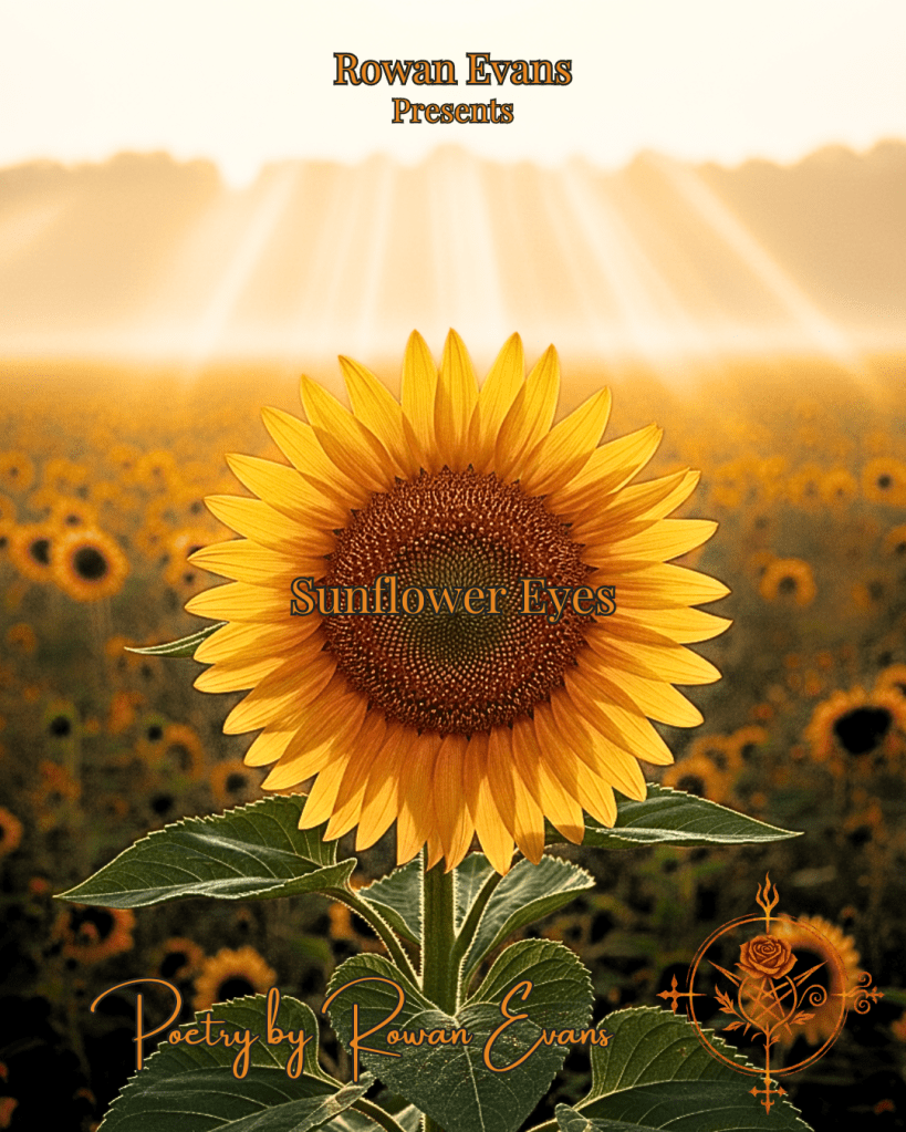 Golden sunflower in a sunlit field, petals bending toward the sunlight at sunrise.