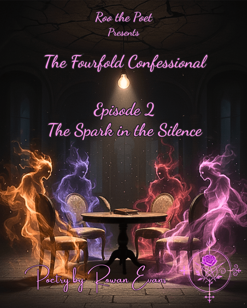 Four glowing, wispy figures in orange, red, violet, and pink sit around a table under a dim, flickering light — the Fourfold Flame gathered for Roo’s confession.