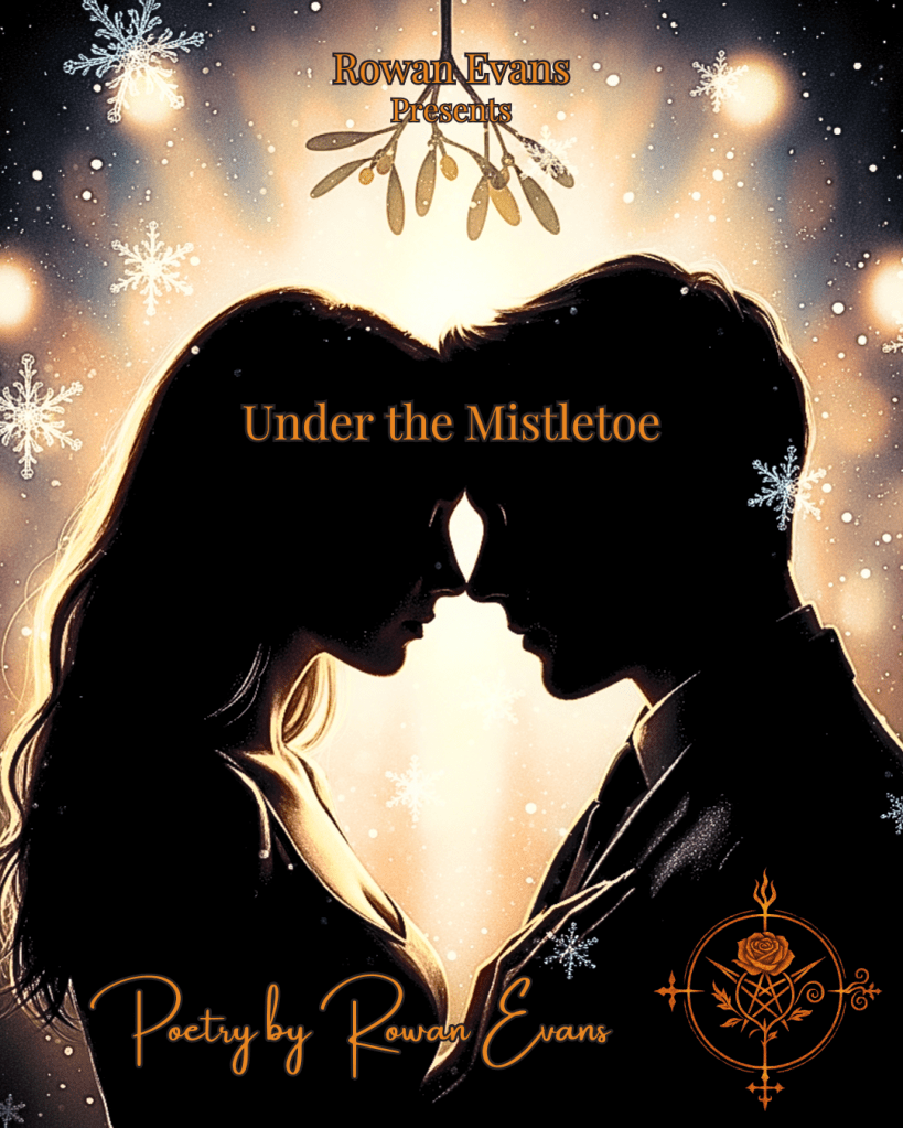 “Two silhouettes beneath mistletoe, softly glowing with snow falling around them.”