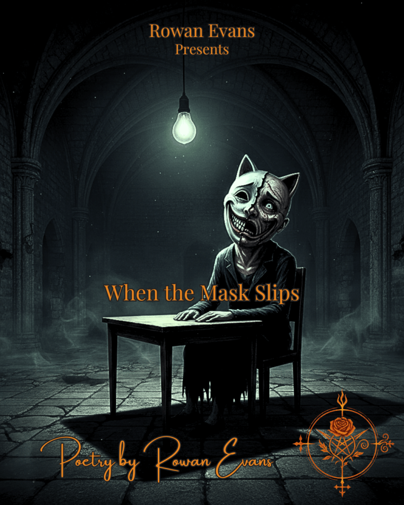 Neo-Gothic digital illustration of a solitary figure with a Cheshire grin sitting at a flickering-lit table, representing the fragility of identity and performed sanity.