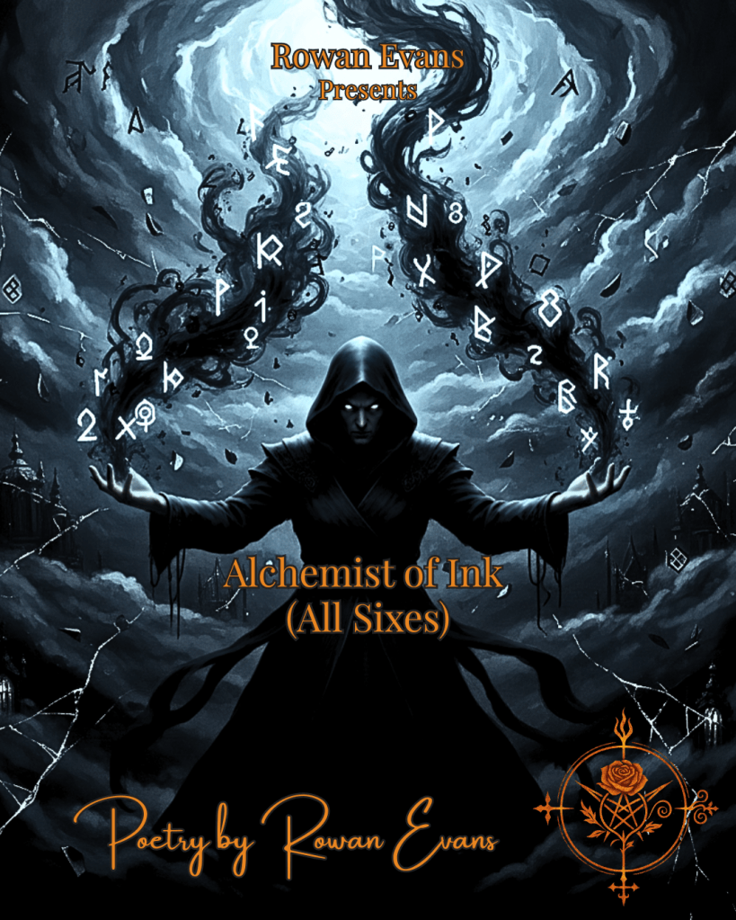 A shadowed poet with glowing eyes as black ink pours from their hands, transforming into swirling symbols of power in a dark, gothic setting.