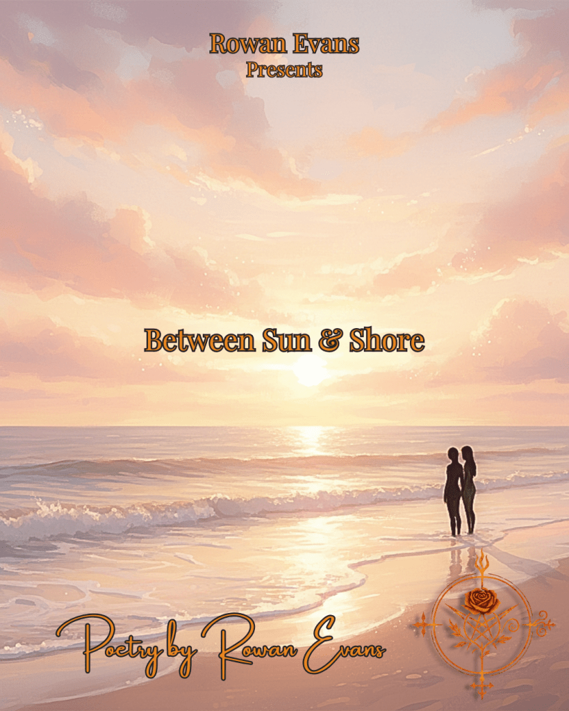 Golden sunrise over a calm shoreline with soft waves and two distant figures standing in quiet closeness.