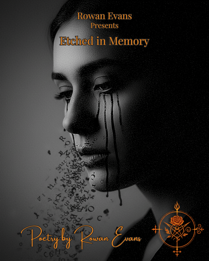 A shadowed figure looking away as dark ink bleeds from their eyes, symbolizing restraint, silence, and words etched into memory.