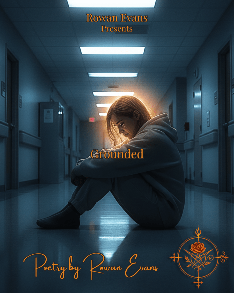 A person sitting on a hospital floor under fluorescent lights, surrounded by sterile white walls, with a subtle warm glow suggesting grounding and emotional return.