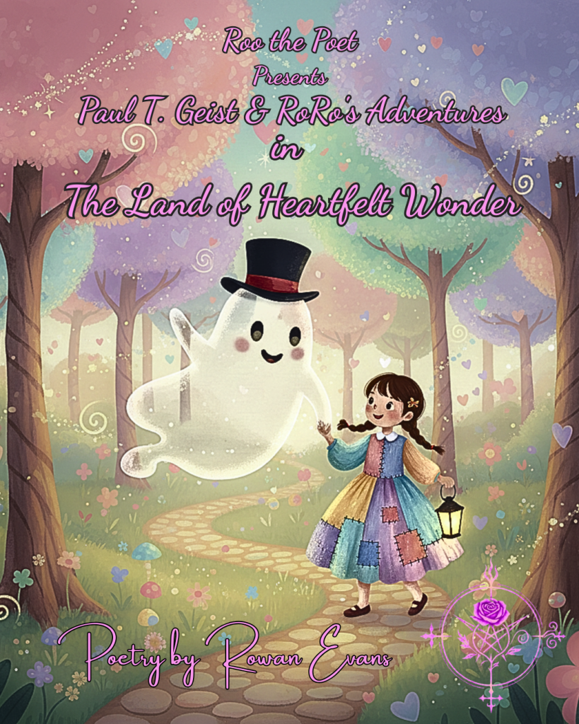 A friendly ghost and a young girl walk through a glowing pastel forest in a whimsical children’s storybook scene.