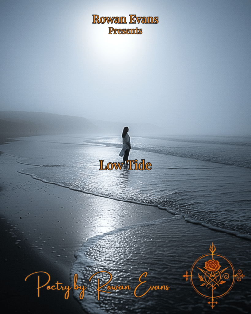 A solitary figure standing in shallow ocean water at low tide under moonlight, surrounded by mist and gentle waves.