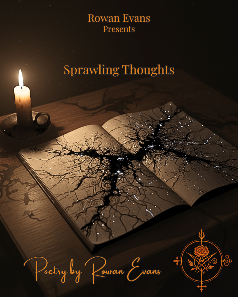 An open notebook on a dark desk, ink spreading across the page like constellations, lit by a single candle in a shadowed room.