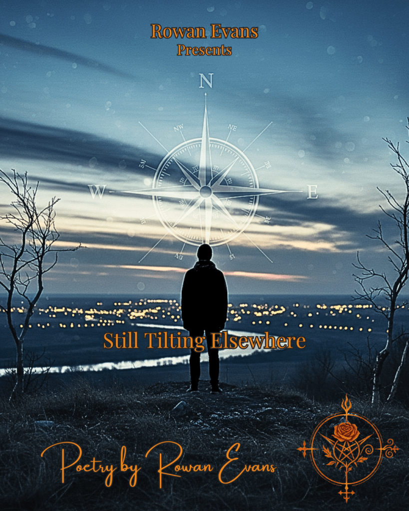 A person standing at dusk, facing a distant horizon with a compass motif in the sky, symbolizing longing and the pull toward somewhere else.